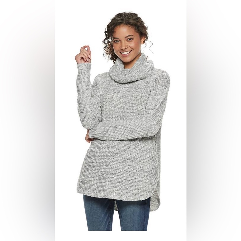 It's Our Time Gray Cowl Neck Waffle‎ Knit Tunic Sweater Size Small